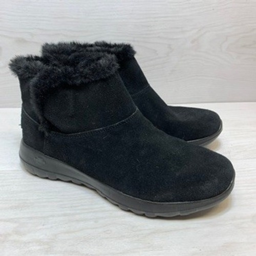 Skechers Womens 8 On-The-Go Joy Ankle Boots‎ Suede Faux Fur Black 15501 BBK